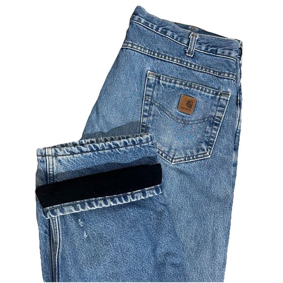 Carhartt Faded Blue Distressed Fleece Lined Jeans Mens Sz 38 Denim Workwear Rip - Picture 1 of 10